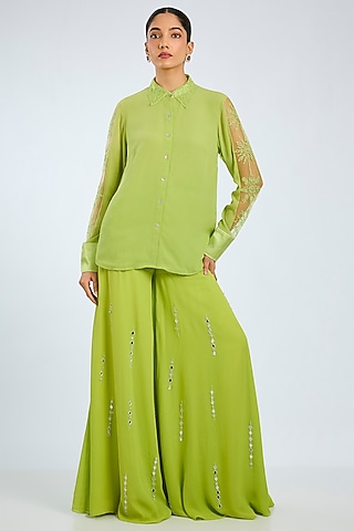 Lime Green Georgette Pants by Dilnaz Karbhary