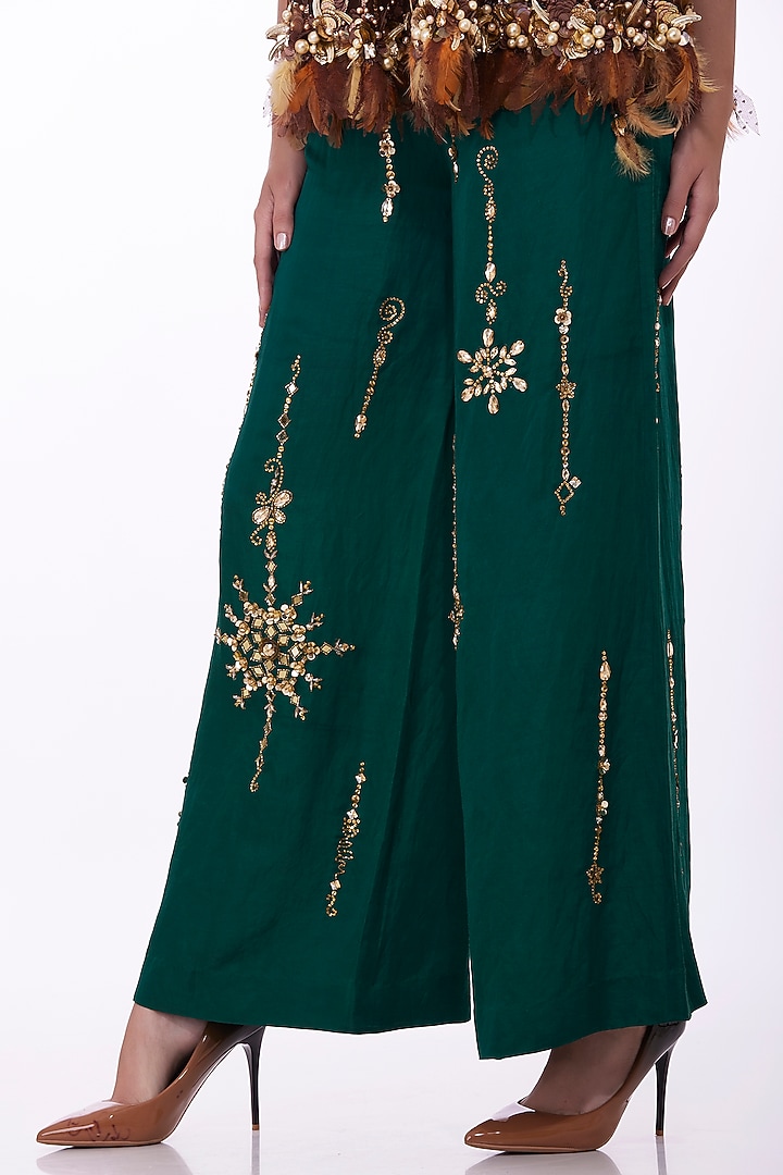 Emerald Green Satin Linen Hand Embroidered Trousers by Dilnaz Karbhary at Pernia's Pop Up Shop