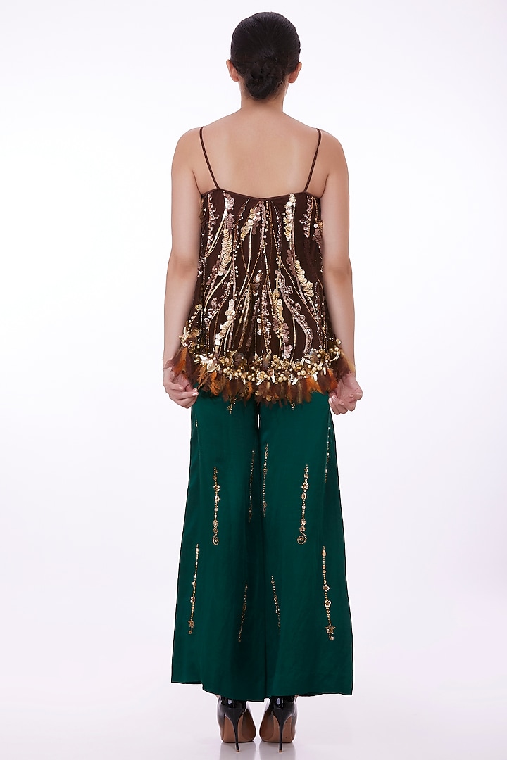 Emerald Green Satin Linen Hand Embroidered Trousers by Dilnaz Karbhary at Pernia's Pop Up Shop