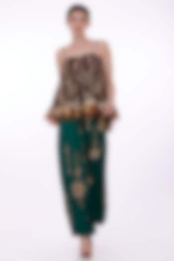 Emerald Green Satin Linen Hand Embroidered Trousers by Dilnaz Karbhary