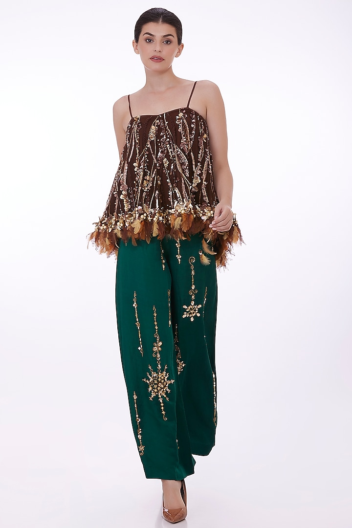 Emerald Green Satin Linen Hand Embroidered Trousers by Dilnaz Karbhary