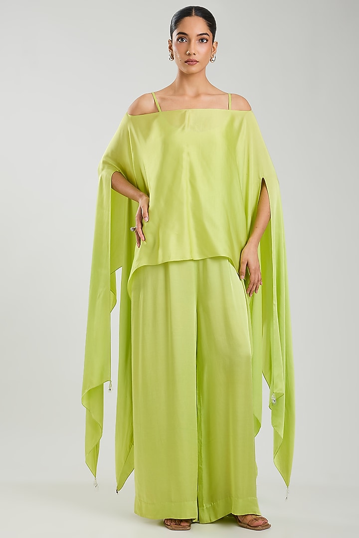 Green Blended Satin Jumpsuit by Dilnaz Karbhary at Pernia's Pop Up Shop