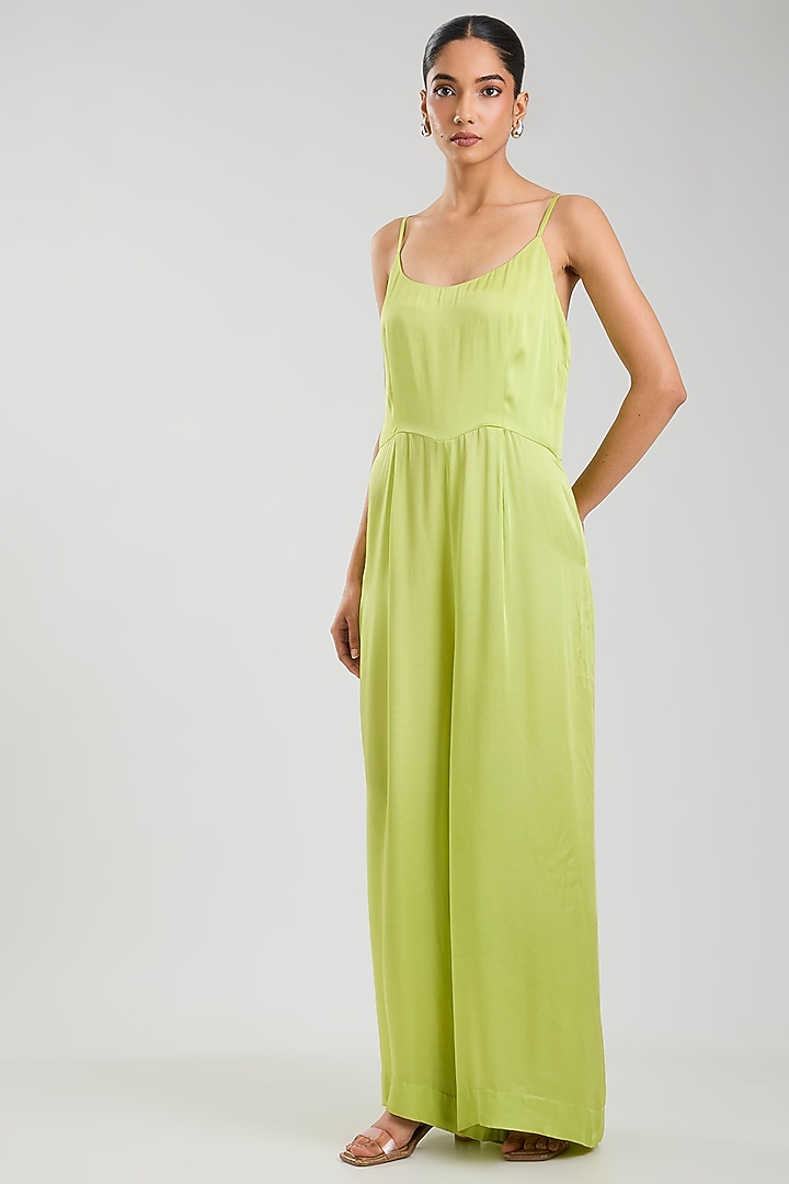 Green Blended Satin Jumpsuit by Dilnaz Karbhary at Pernia's Pop Up Shop