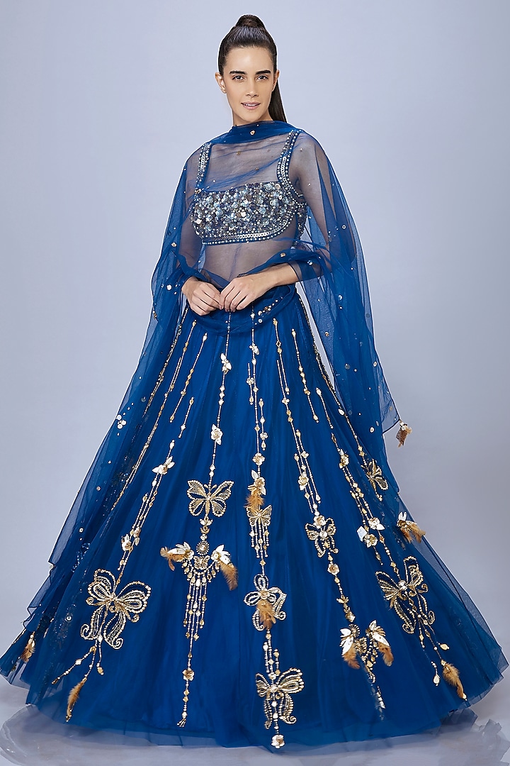 Sapphire Blue Net Dupatta by Dilnaz Karbhary at Pernia's Pop Up Shop