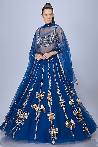 Sapphire Blue Net Dupatta by Dilnaz Karbhary
