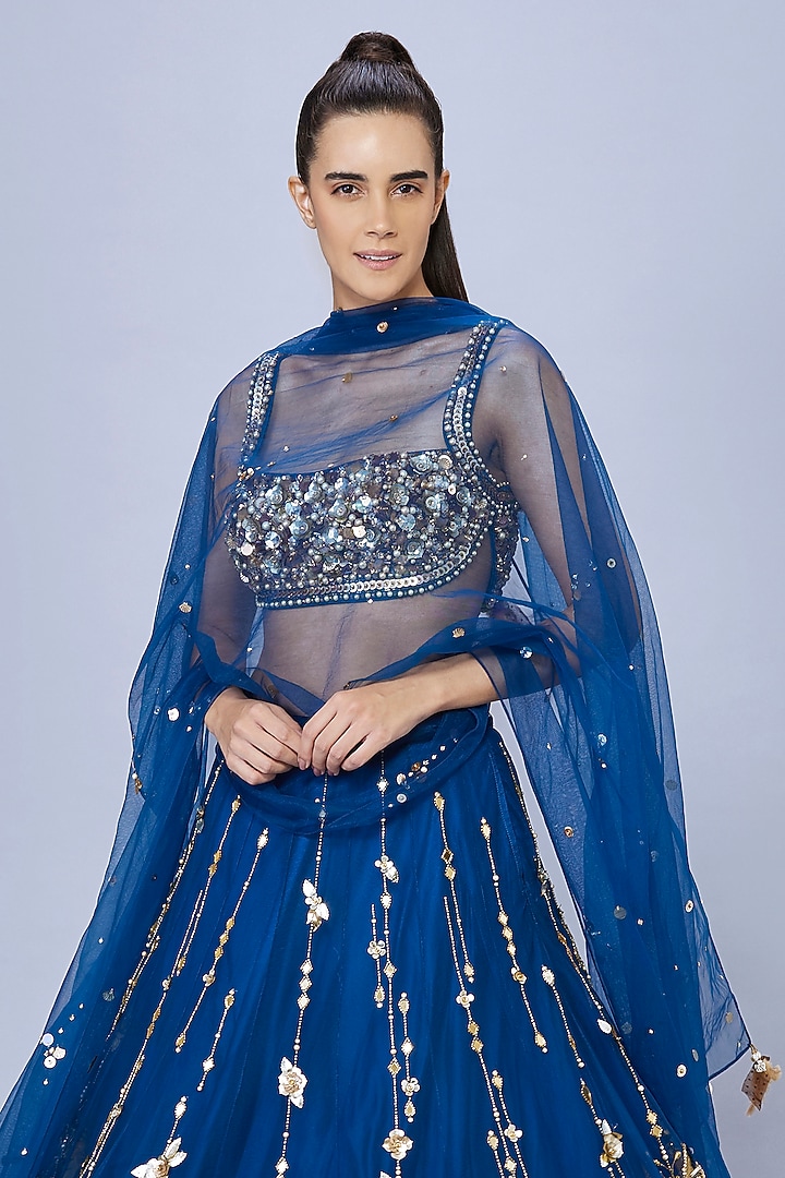 Sapphire Blue Net Dupatta by Dilnaz Karbhary at Pernia's Pop Up Shop