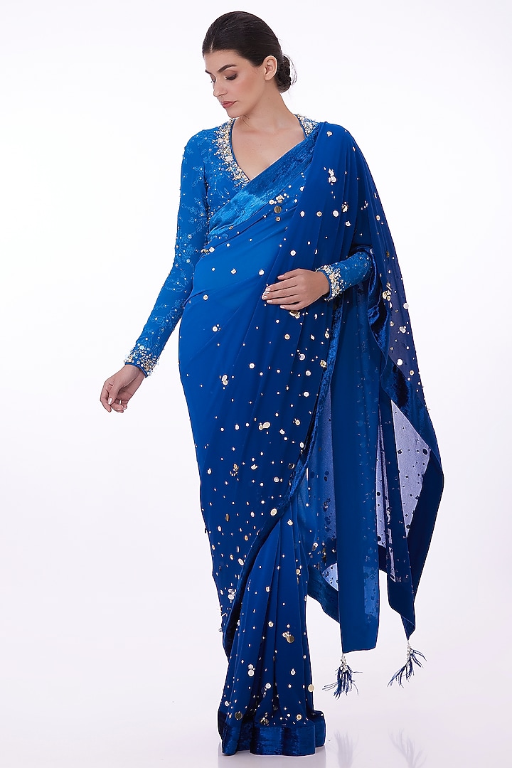 Blue Georgette Shaded Reception Saree Set by Dilnaz Karbhary at Pernia's Pop Up Shop