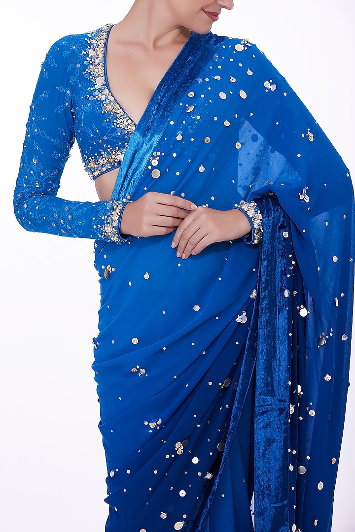 Blue Georgette Shaded Reception Saree Set by Dilnaz Karbhary at Pernia's Pop Up Shop