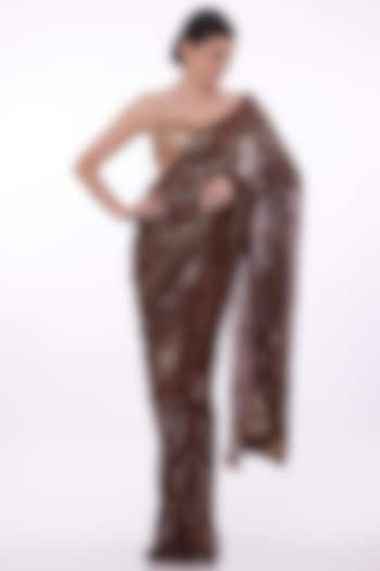 Chocolate Brown Chiffon Sequins Hand Embroidered Saree Set by Dilnaz Karbhary