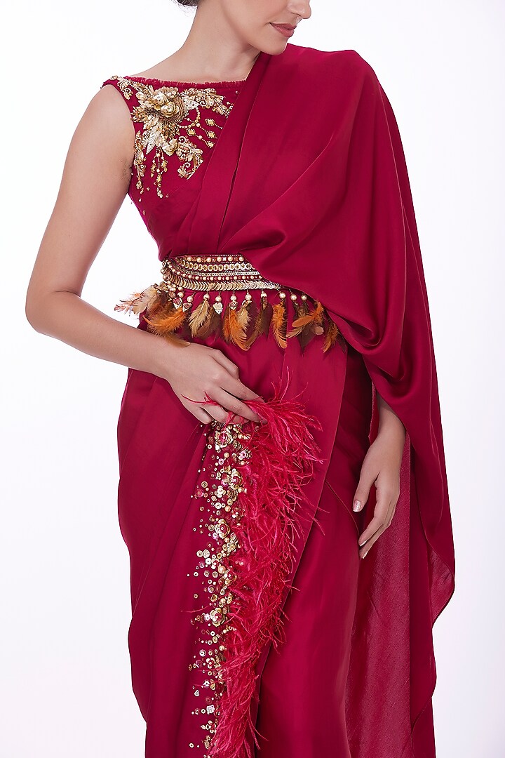 Ruby Pink Net & Polyester Satin Hand Embroidered Waist Belt by Dilnaz Karbhary at Pernia's Pop Up Shop