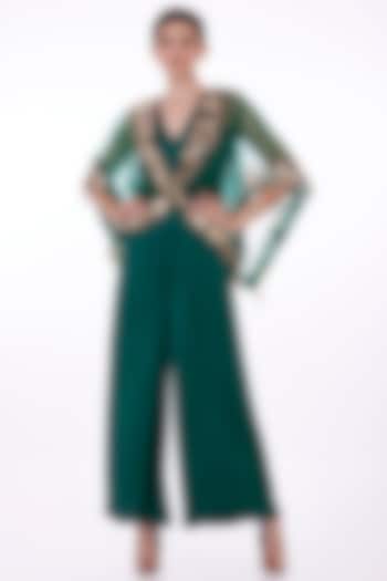 Green Blended Satin Jumpsuit by Dilnaz Karbhary at Pernia's Pop Up Shop