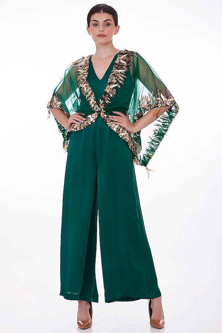 Green Blended Satin Jumpsuit by Dilnaz Karbhary at Pernia's Pop Up Shop