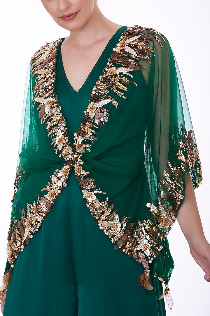 Green Blended Satin Jumpsuit by Dilnaz Karbhary at Pernia's Pop Up Shop