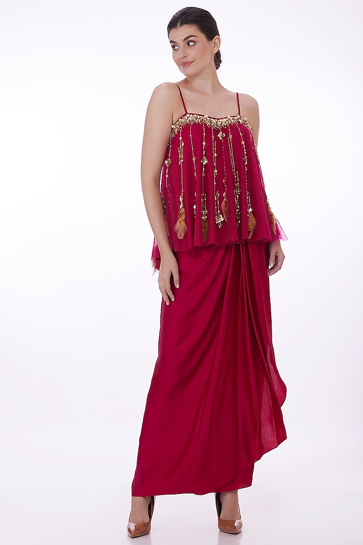 Ruby Pink Net Mirror Embroidered Camisole Top by Dilnaz Karbhary