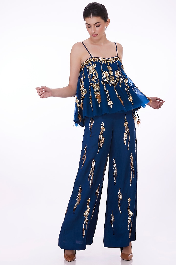 Blue Net Hand Embroidered Camisole Top by Dilnaz Karbhary