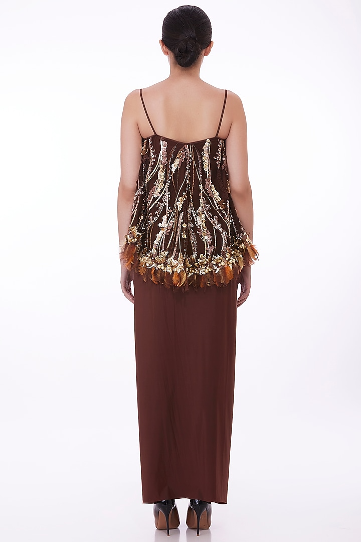 Chocolate Brown Net & Polyester Satin Sequins Embroidered Camisole Top by Dilnaz Karbhary at Pernia's Pop Up Shop