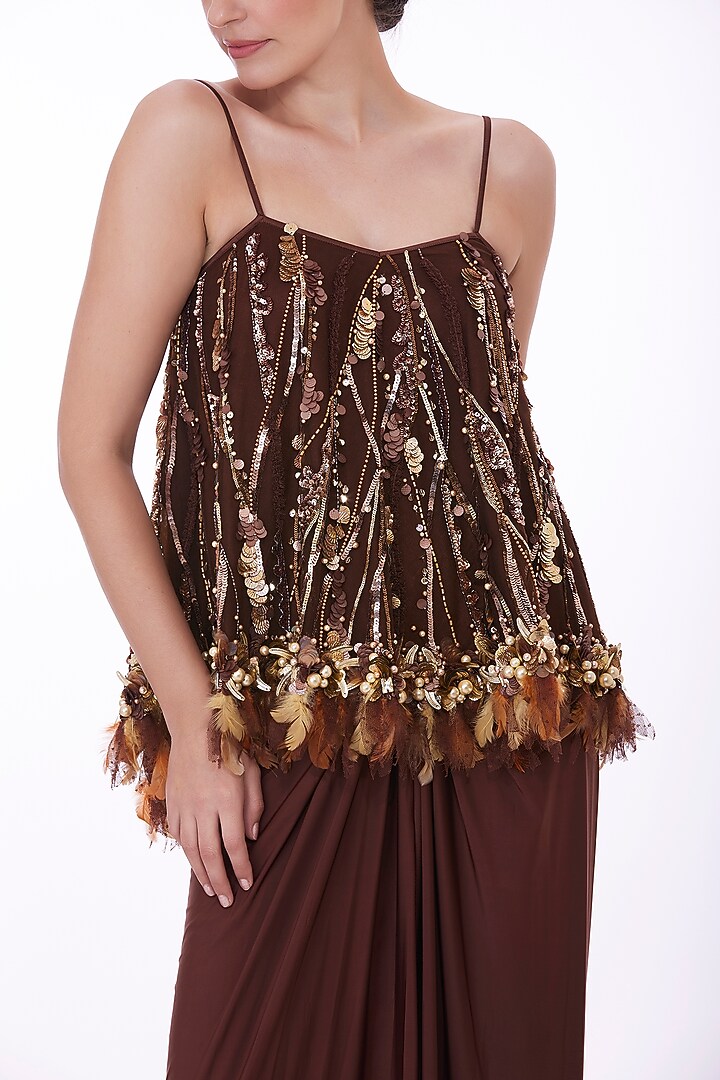Chocolate Brown Net & Polyester Satin Sequins Embroidered Camisole Top by Dilnaz Karbhary at Pernia's Pop Up Shop