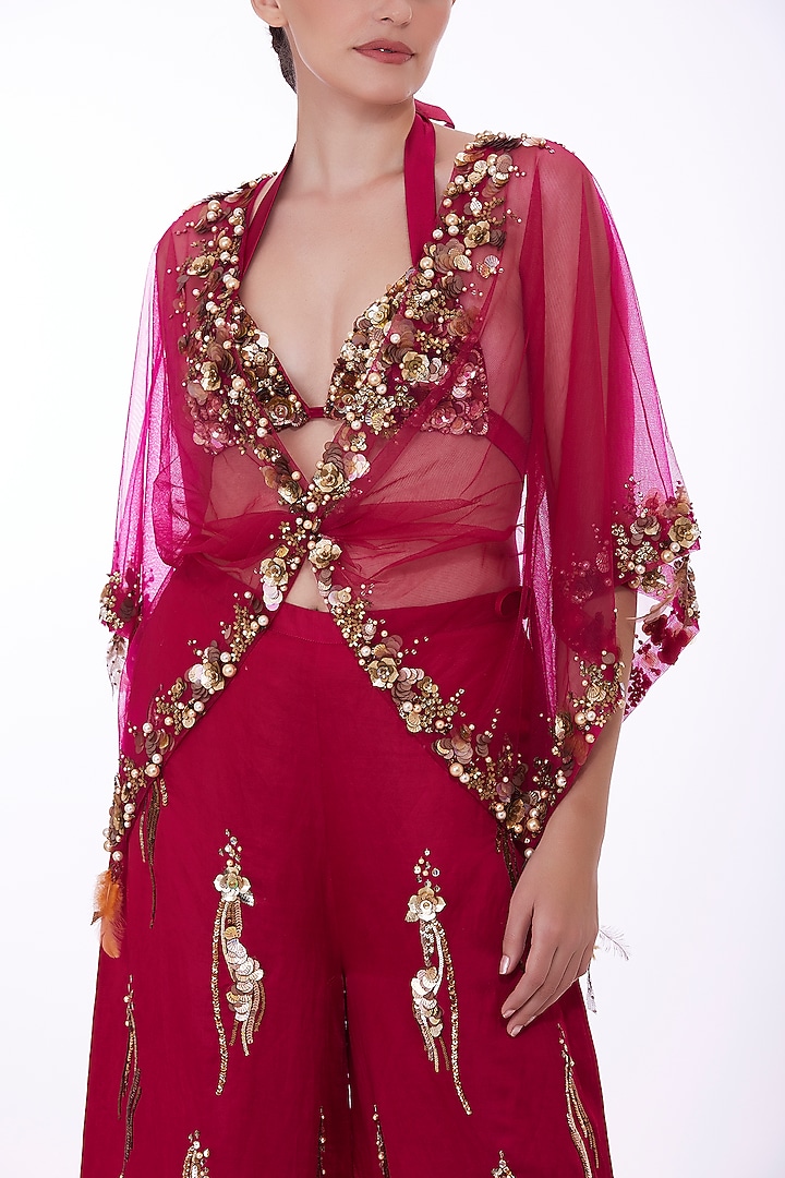 Ruby Pink Net Sequins Hand Embroidered Kaftan by Dilnaz Karbhary at Pernia's Pop Up Shop