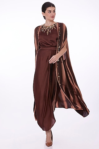 Brown Blended Satin Embellished Cape Set by Dilnaz Karbhary