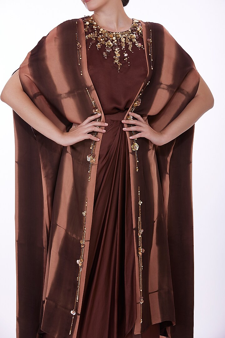Brown Blended Satin Embellished Cape Set by Dilnaz Karbhary at Pernia's Pop Up Shop