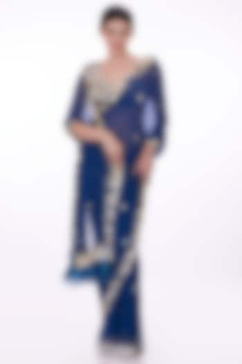 Blue Chiffon Sequins Embroidered Saree Set by Dilnaz Karbhary at Pernia's Pop Up Shop