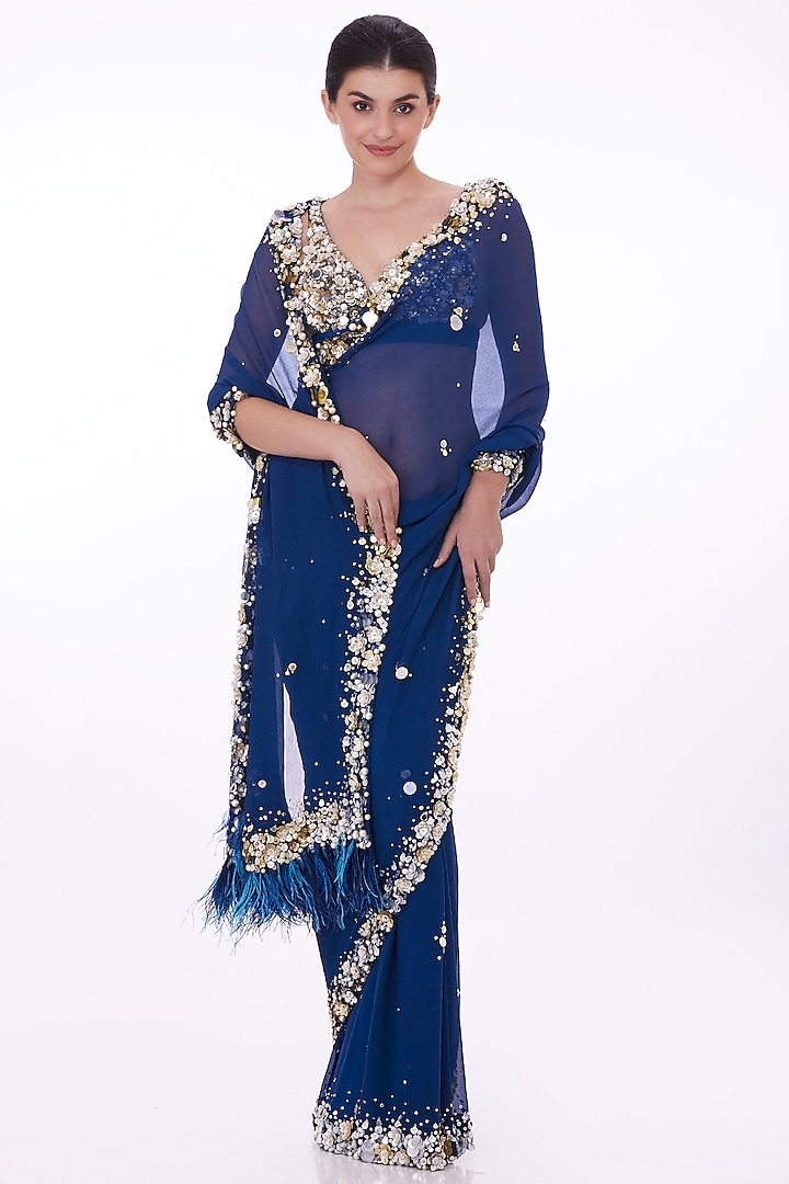 Blue Chiffon Sequins Embroidered Saree Set by Dilnaz Karbhary at Pernia's Pop Up Shop