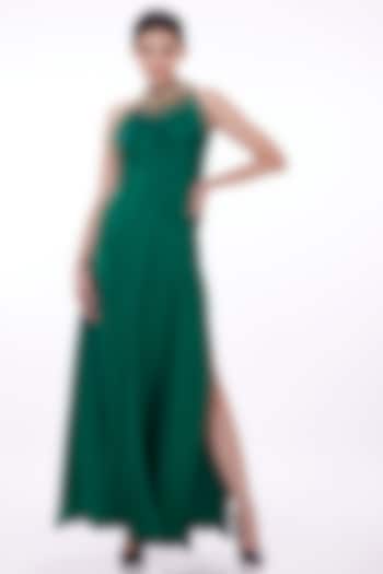 Green Satin Embellished Gown by Dilnaz Karbhary
