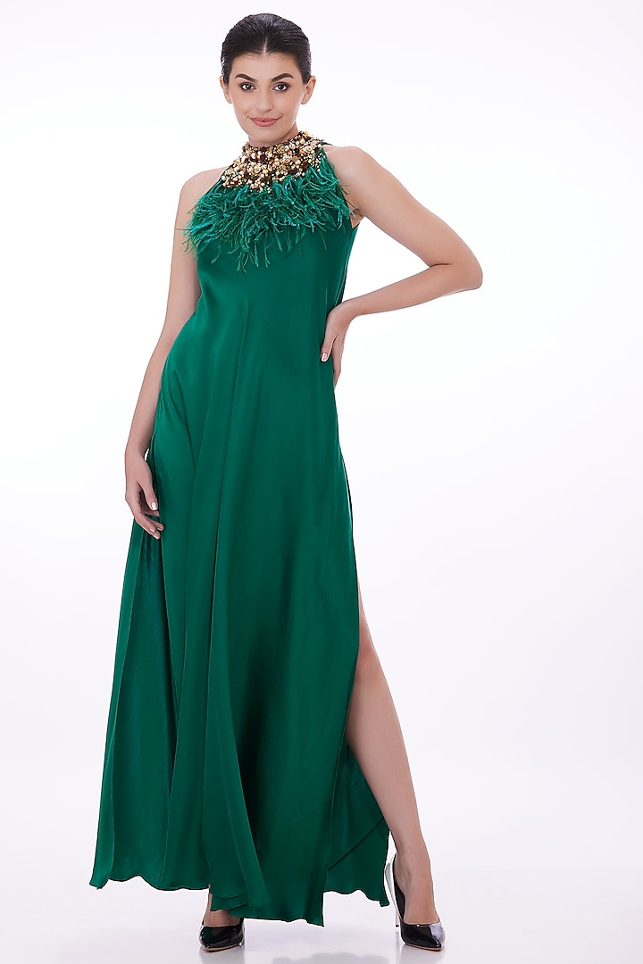 Green Satin Embellished Gown by Dilnaz Karbhary