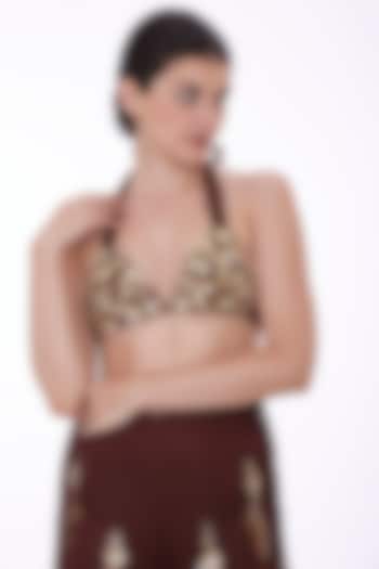 Chocolate Brown Net & Polyester Satin Sequins Embroidered Bikini Blouse by Dilnaz Karbhary