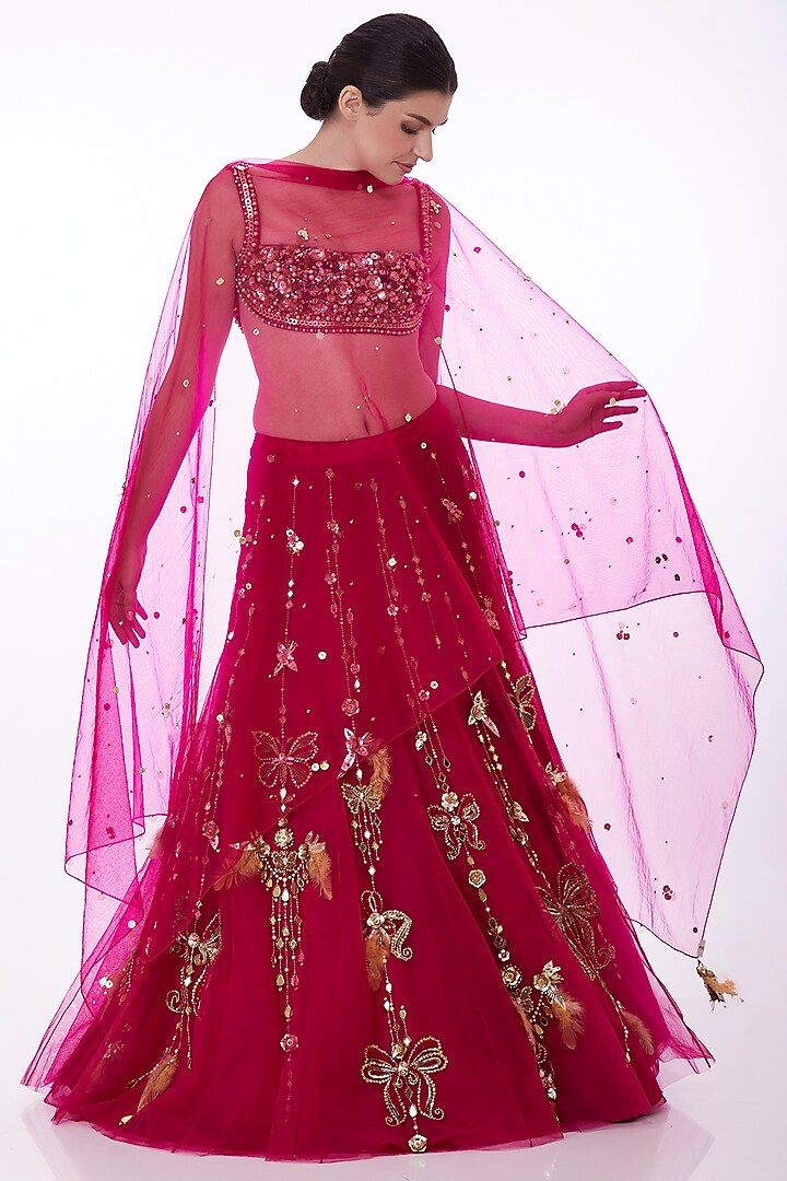 Pink Net Sequins Embroidered Dupatta by Dilnaz Karbhary