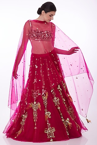Pink Net Sequins Embroidered Dupatta by Dilnaz Karbhary