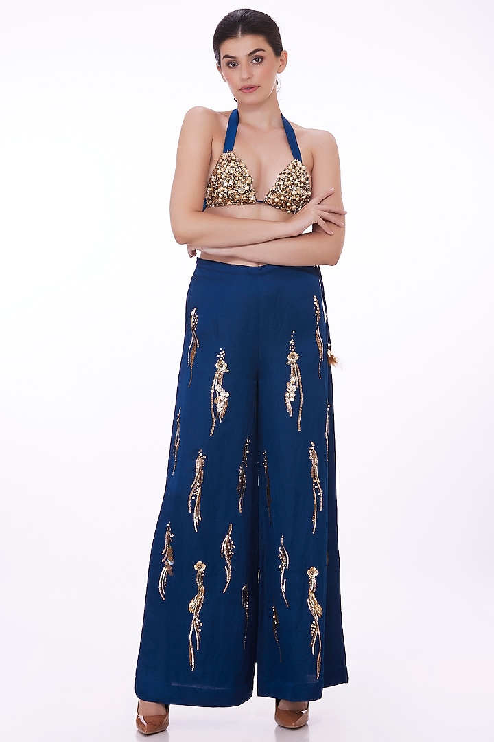 Blue Net & Polyester Pearl Embroidered Bikini Blouse by Dilnaz Karbhary at Pernia's Pop Up Shop