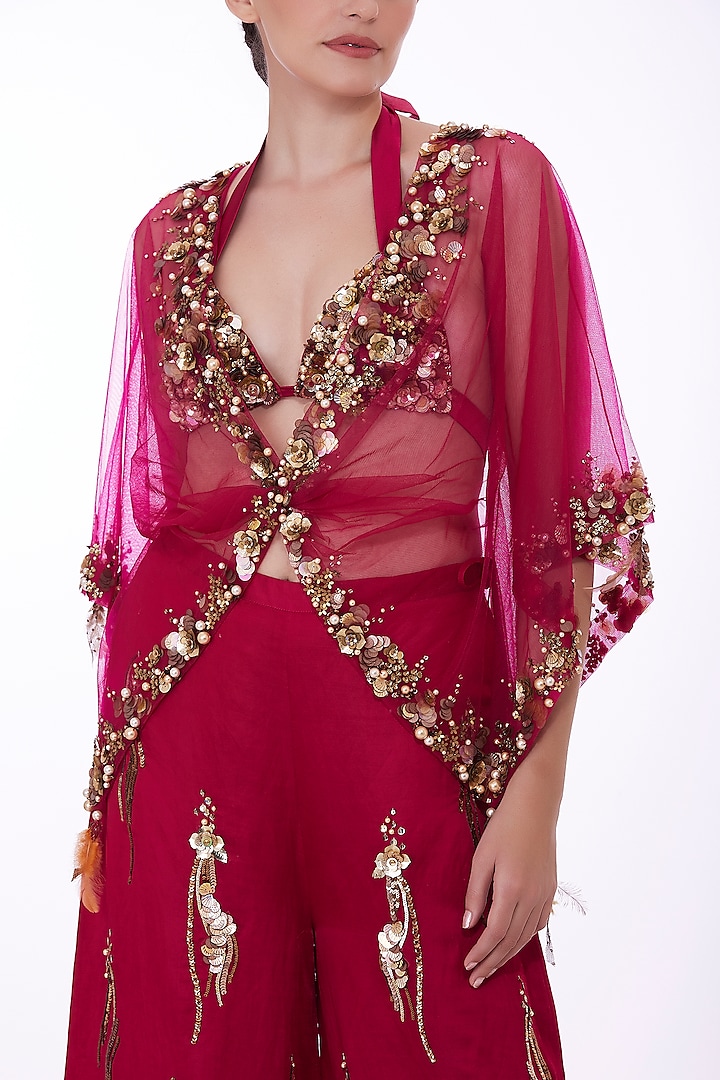 Pink Net & Polyester Satin Sequins Embroidered Bikini Blouse by Dilnaz Karbhary at Pernia's Pop Up Shop