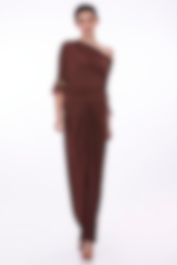 Chocolate Brown Lycra Draped Skirt Set by Dilnaz Karbhary
