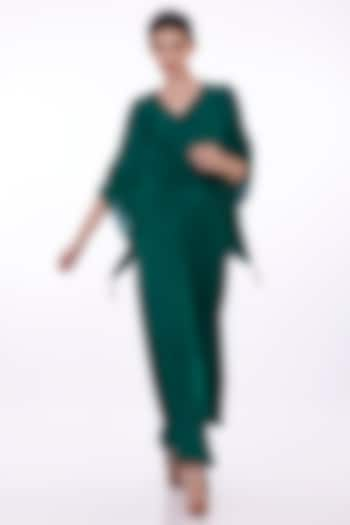 Emerald Green Blended Satin Draped Kaftan With Jumpsuit by Dilnaz Karbhary at Pernia's Pop Up Shop