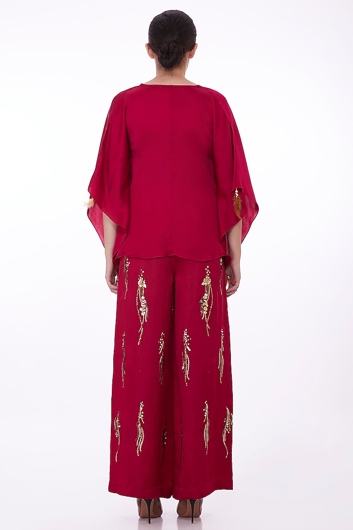 Ruby Pink Linen Sequins Trousers by Dilnaz Karbhary at Pernia's Pop Up Shop