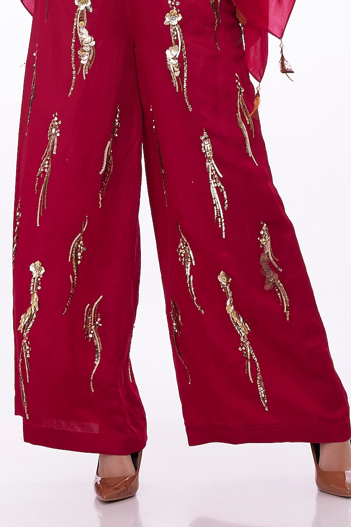 Ruby Pink Linen Sequins Trousers by Dilnaz Karbhary at Pernia's Pop Up Shop