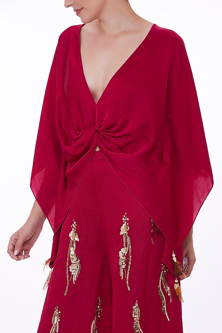 Ruby Pink Linen Sequins Trousers by Dilnaz Karbhary at Pernia's Pop Up Shop