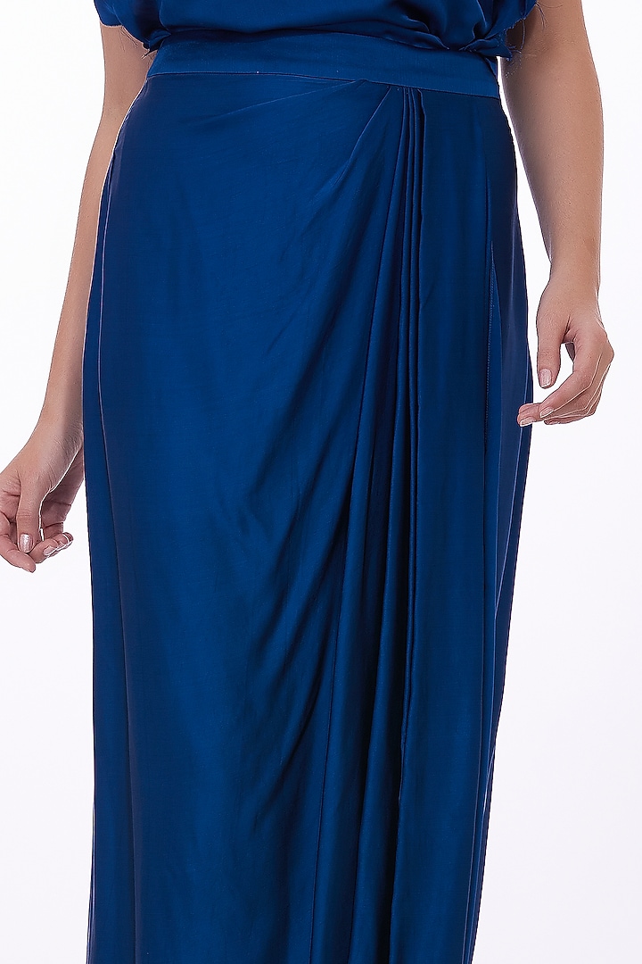 Sapphire Blue Blended Satin Draped Skirt by Dilnaz Karbhary at Pernia's Pop Up Shop