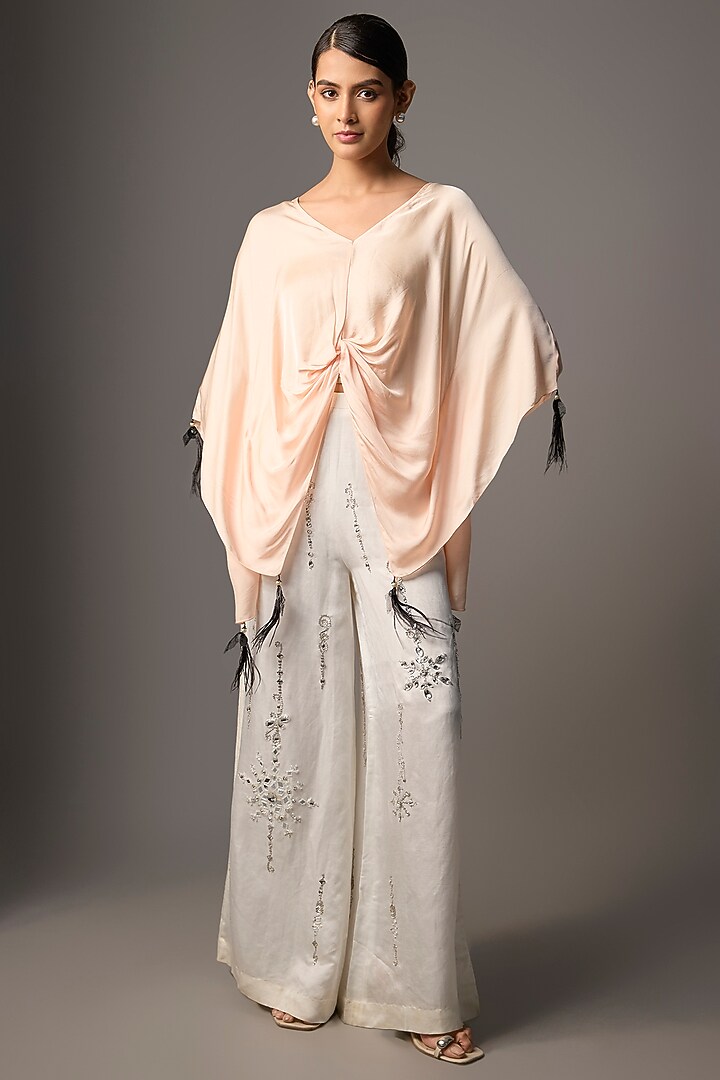 Light Peach Blended Satin Draped Kaftan by Dilnaz Karbhary at Pernia's Pop Up Shop