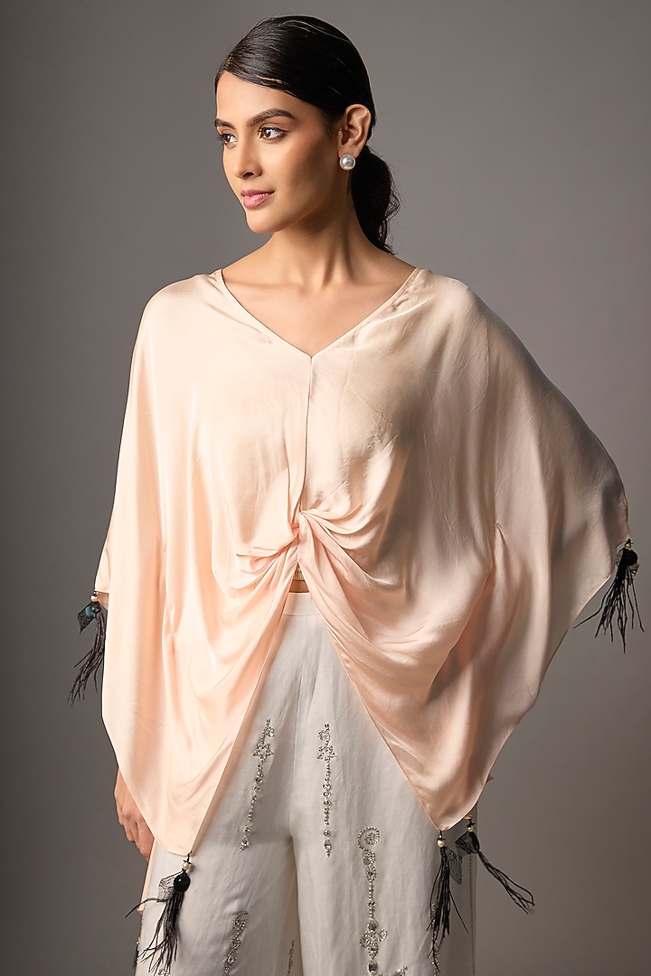 Light Peach Blended Satin Draped Kaftan by Dilnaz Karbhary at Pernia's Pop Up Shop