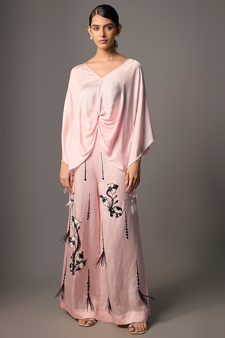 Light Pink Blended Satin Kaftan by Dilnaz Karbhary at Pernia's Pop Up Shop