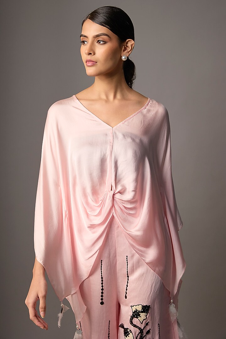 Light Pink Blended Satin Kaftan by Dilnaz Karbhary at Pernia's Pop Up Shop