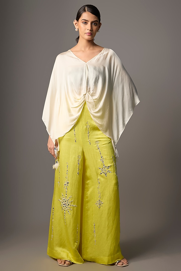 Cream Blended Satin Kaftan by Dilnaz Karbhary at Pernia's Pop Up Shop