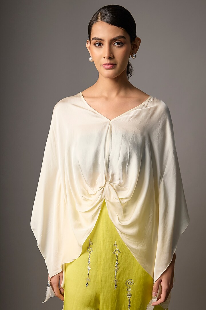 Cream Blended Satin Kaftan by Dilnaz Karbhary at Pernia's Pop Up Shop