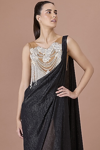 Nude Net & Blended Satin Hand Embroidered Blouse by Dilnaz Karbhary