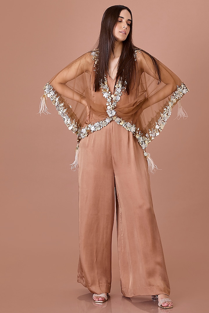 Chocolate Brown Blended Satin Jumpsuit With Kaftan by Dilnaz Karbhary at Pernia's Pop Up Shop