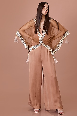 Chocolate Brown Blended Satin Jumpsuit With Kaftan by Dilnaz Karbhary