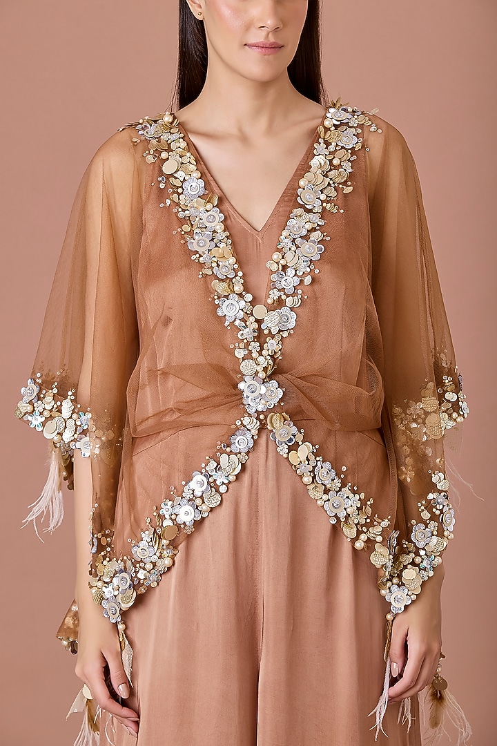 Chocolate Brown Blended Satin Jumpsuit With Kaftan by Dilnaz Karbhary at Pernia's Pop Up Shop