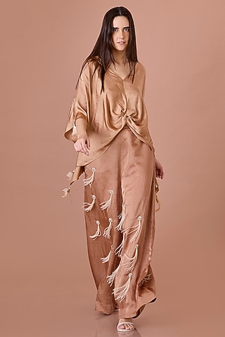 Chocolate Brown Blended Linen Hand Embroidered Trousers by Dilnaz Karbhary